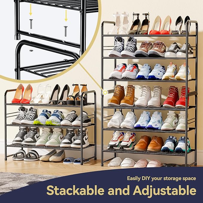 3-Tier 27” Wide Shoe Rack for Closet, Metal Stackable Shoe Shelf Organizer, Black-NeatNest