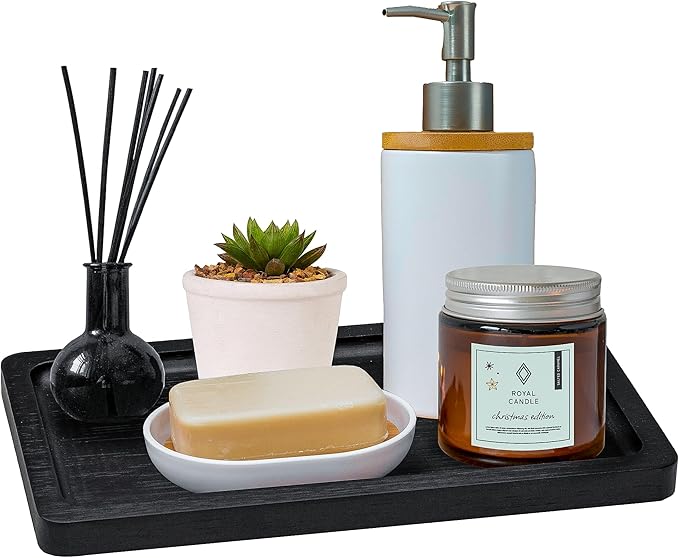 Black Bathroom Tray - Small Black Bamboo Wood Tray Decor for Vanity, Coffee Table, Cologne and Perfume Tray, Matte Black Bathroom Decor for Counter, Soap Dish, 9 inch-NeatNest