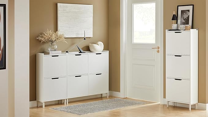 Haotian Slim Shoe Cabinet Entryway, Narrow Shoe Rack with 2 Flip-Drawers, White Shoe Organiazer Hallway, Hidden Shoe Storage Cupboard Entrance, FSR151-W