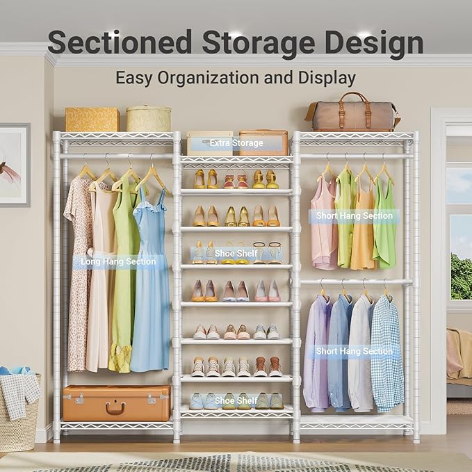 VIPEK S3 Freestanding Clothes Rack Heavy Duty Garment Rack 6-Tier Shoe Racks Closet Storage Organizer Large Wardrobe, Hanging Rod, Adjustable Metal Shelf, 68.9" L x 15.7" W x 76.4" H, White-NeatNest