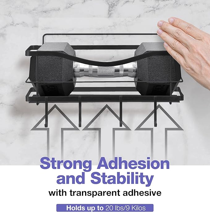 KINCMAX Premium Shower Caddy - Adhesive Bathroom Shower Organizer and Storage w/ 4 Hooks, No Drill Shower Shelves for Inside Shower, Rustproof Stainless Steel Shower Rack, Accessories Holder, Black