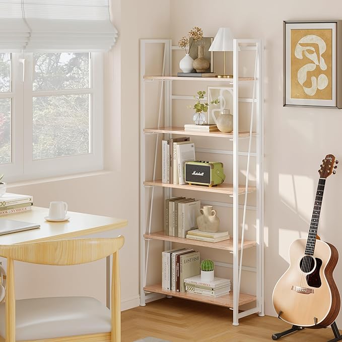 BHG Vintage Multifunctional Folding Bookshelf, No-Assembly Plant Stand Storage Rack Shelves for Home Office (White, 5-Tier)-NeatNest