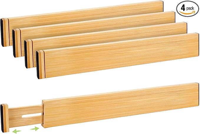 Drawer Divider, Adjustable Bamboo Kitchen Drawer Organizer, Spring Loaded Drawer Organizer, Dresser Separators for Kitchen, Bathroom, Clothes, Office Desk Storage (Natural, 4 Pack Large)-NeatNest