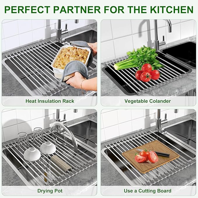 Sindax 23.7" Extra Large Dish Drying Rack, Expandable Roll Up Over The Sink Dish Drying Rack, SUS304 Stainless Steel Multipurpose Kitchen Drainer Rack Up Load to 70Lb