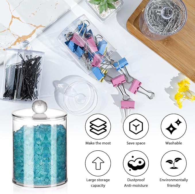 2 PACK Qtip Holder-10 oz, 12 oz, Qtip Holder Dispenser for Bathroom Canister Storage Organization, Vanity Makeup Organizer, for Cotton Swabs, Balls, Pads, Floss Picks(Clear)