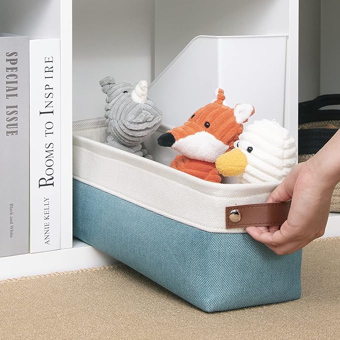 DULLEMELO Fabric Bathroom Storage Bin with Leather Handles, Narrow Organizer for Towels, Toilet Paper Rolls, Storage Basket for Back of Toilet, Vanities, Shelves & Cabinets (White&Teal)-NeatNest