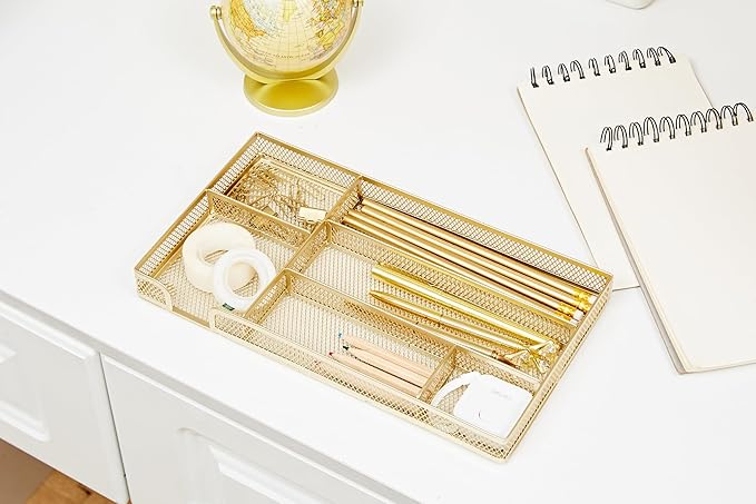 Annova Desk Drawer Organizer Tray for Office Organization - Metal Mesh - Storage Tray with Dividers for Pens, Desktop Accessories, Bathroom, Kitchen, Makeup and Office Supplies (Small, Gold)-NeatNest