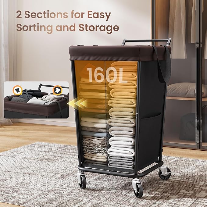 160L Laundry Hamper with Wheels and Handle, 2-Section Rolling Hamper for Laundry, Large Laundry Basket with Wheels, Rolling Laundry Basket Clothes Hamper for Home, Bathroom and Dorm(Black)