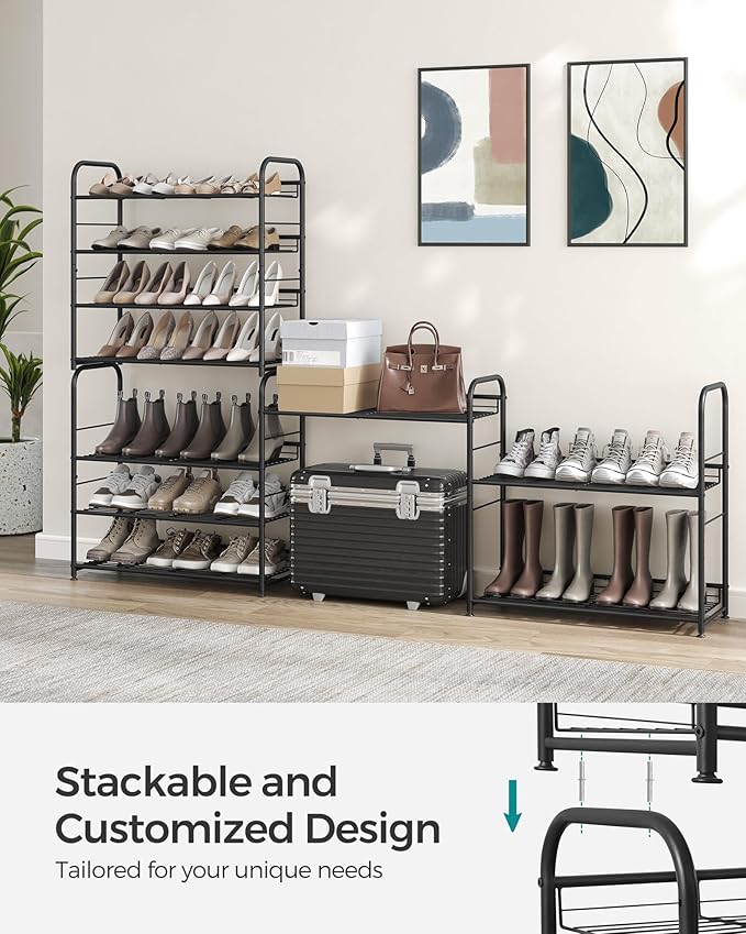 SONGMICS Stackable Shoe Rack, 4 Tier Metal Shoes Rack Storage Shelf, Holds up to 20 Pairs Shoes, Adjustable Slanted Shelves Shoe Tower Organizer for Closet Entryway Small Spaces, Black-NeatNest