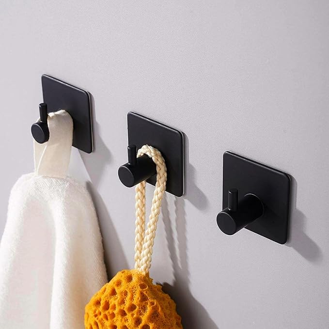 Adhesive Hooks 4 Pack Heavy Duty Stick on Wall Hooks Robe Towel Hooks Waterproof Stainless Steel Black Self Adhesive Hook for Hanging Clothes Bathroom Sticky Hooks