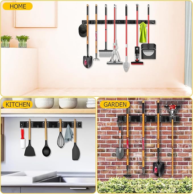 SLIIMU Movable 15'' Broom and Mop Holder Wall Mount with Sliding 3 Racks 4 Hooks, Storage Organizer Wall Hanger, Cleaning Tool Hanging Grippers for Kitchen Bathroom Garden Garage Laundry Home Closet-NeatNest