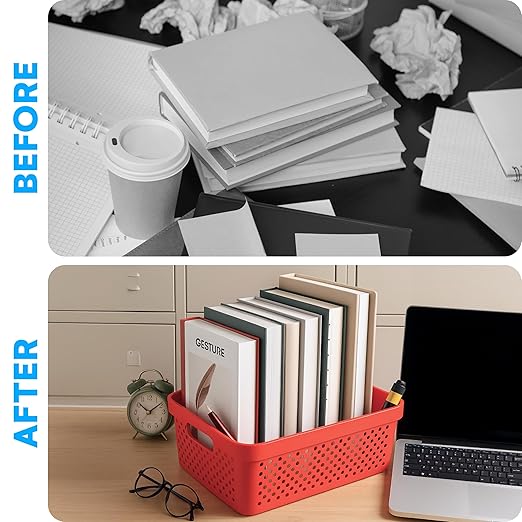 Bins & Things Plastic Storage Bin - Basket Organizer Bins - Suitable as Laundry Bin, Closet Basket, Book Shelf, Pantry Storage - Room Essentials - For Bathroom, Cabinet, & Kitchen - Set of 6 - Red-NeatNest