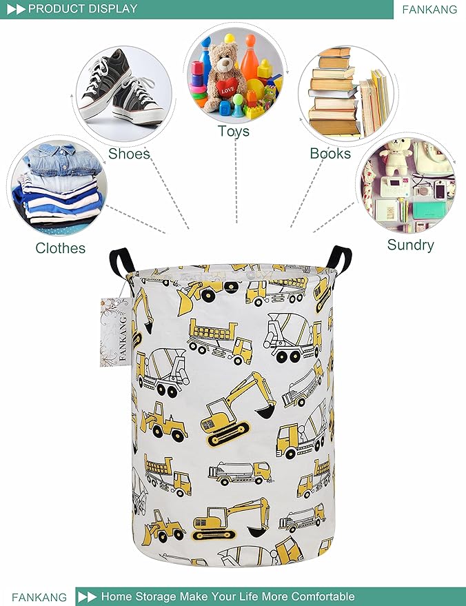 FANKANG Storage Basket, Nursery Hamper Canvas Laundry Basket Foldable with Waterproof PE Coating Large Storage Baskets for Kids Boys and Girls, Office, Bedroom, Clothes,Toys(excavator)