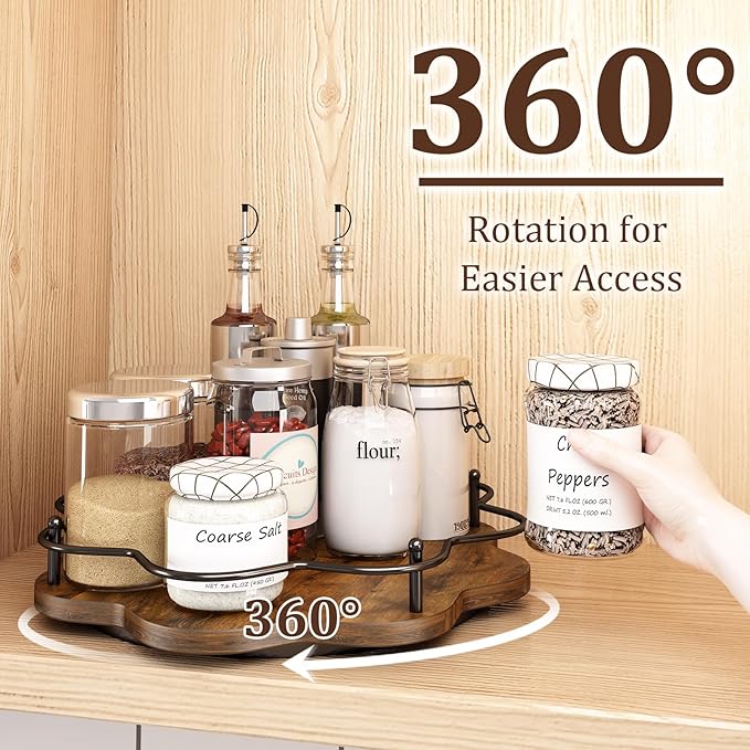 12" Lazy Susan Turntable Organizer,Round Wooden Lazy Susan Organization and Rotating Spice Rack for Dining Table,Pantry,Kitchen Countertop,Vanity,Cupboard and More.Vintage Wood(Petal Shape)-NeatNest