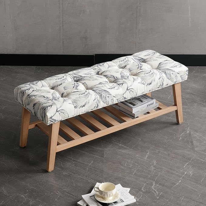 Entryway Shoe Bench Storage Benches with Upholstered Button Tufted Seat and Open Slatted Shelf Linen Shoe Rack for Hallway Living Room Bedroom End of Bed, Pattern