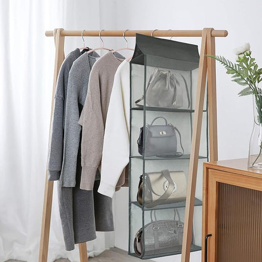 Closet Handbag Purse Holder, Space Saving Hanging Handbag Storage Tote Bag Organizer Holder with 4 Large Heavy-Duty Mesh Shelves for Wardrobe Closet(Gray)-NeatNest