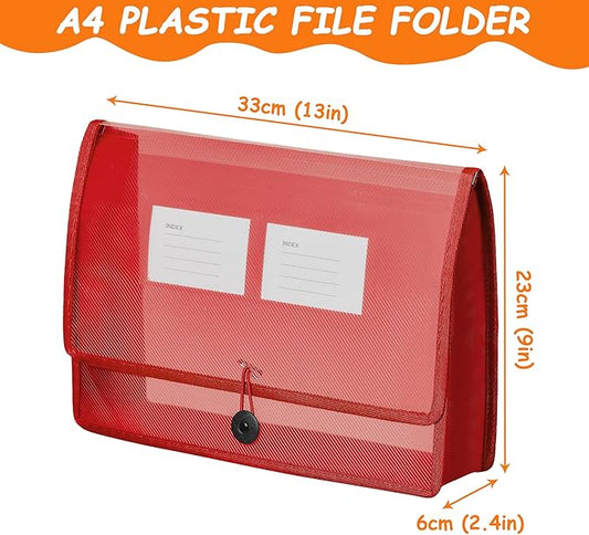CHEPULA 5Pack A4 Plastic File Wallet Envelope Expanding File Folder Document Organizer with Snap Closure & Label Pocket Clear Colored Waterproof Accordion File Pouch for Office Home-NeatNest