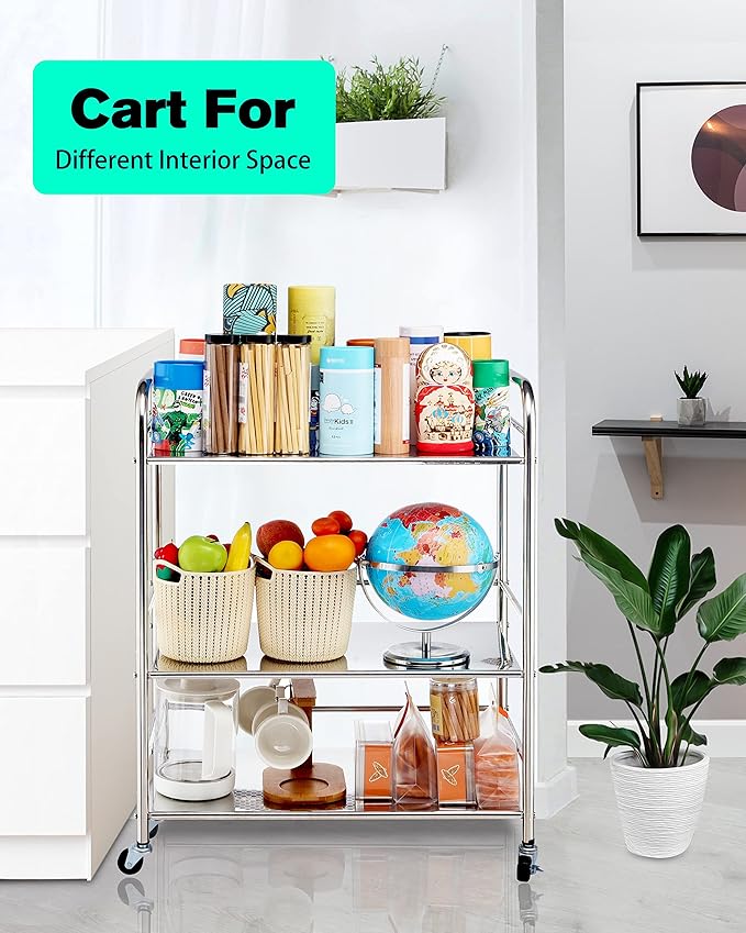 Susunnus Stainless Steel Cart With Wheels - 3 Tier Kitchen Utility Cart, Metal, Movable, Suitable for Various Occasions - Gift Tools