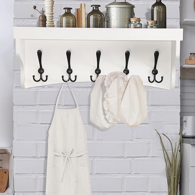 Dseap Coat Rack Wall Mounted With 5 Tri Hooks 24-Inch Heavy Duty Wood Entryway Shelf, Coat Hanger, White & Black
