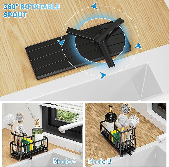 Cisily Black Sponge Holder for Kitchen Sink, Sink Caddy Organizer with High Brush Holder, Kitchen Countertop Organizers and Storage Essentials, Rustproof 304 Stainless Steel, Soap Dispenser Organize-NeatNest