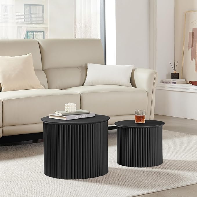 AVZEAR Round Nesting Coffee Table Set of 2, Small Fluted Coffee Table Circle Side Table, Mid Century Modern Wood Nesting Tables Farmhouse End Table Set for Living Room, Bedroom, Small Spaces(Black)
