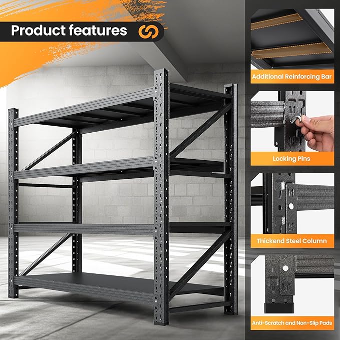 3000LBS Metal Storage Shelves, 48” W Heavy Duty Garage Shelving Units, 4 Tier Storage rack shelf, Steel Industrial Shelving , Adjustable Standing Shelf for Basement/Warehouse 48"W x 24"D x 70"H, Black-NeatNest