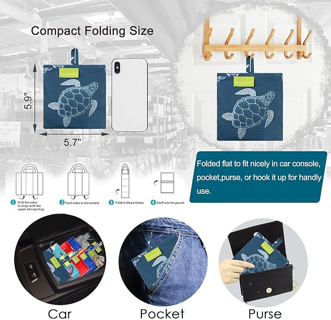 BeeGreen Turtle Gifts Reusable Grocery Bags - Large 6 Pack Tote with Handles Foldable & Machine Washable Polyester - Shopping Baskets with Pouch for Women (Collapsible Animal Design Gift)-NeatNest