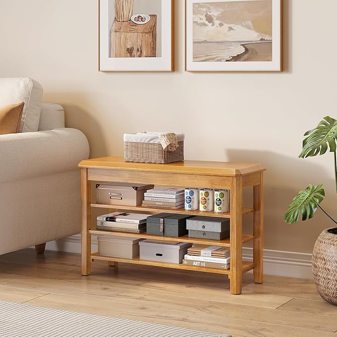 Shoe Rack Bench Seat Rubberwood 3-Tier Wooden Storage Bench 550lbs Compact Mid-Century Modern Design for Entryway, Hallway, Closet, Front Door Entrance, Foyer