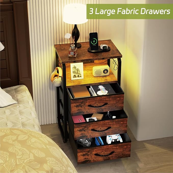 Bed Side Table with 3 Fabric Drawers, Night Stand with Charging Station, LED Nightstand with Hooks, Bedside Table End Table with Storage, Night Table for Living Room, Bedroom (Rustic Brown)-NeatNest