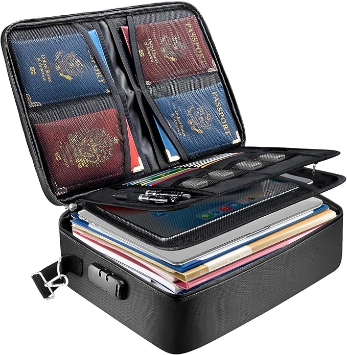 BALEINE Fireproof Document Box with Lock, Portable Fireproof Document Bag Waterproof Fire Proof File Boxes for Documents, File Organizer Box for Important Paperwork (Black, 15''x11''x4'')
