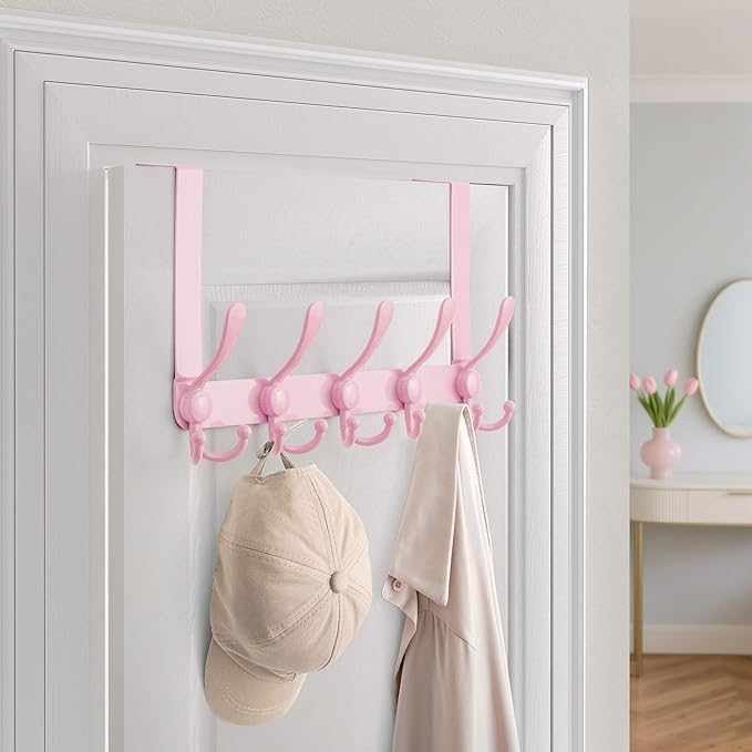 Dseap Over Door Hook 2.0 - Upgraded Version - Simple-Assembly, Strong, Heavy-Duty Stainless Steel 5-Tri-Hook Over The Door Hanger Rack, SimpleStrong Series, Pink, Pack of 2