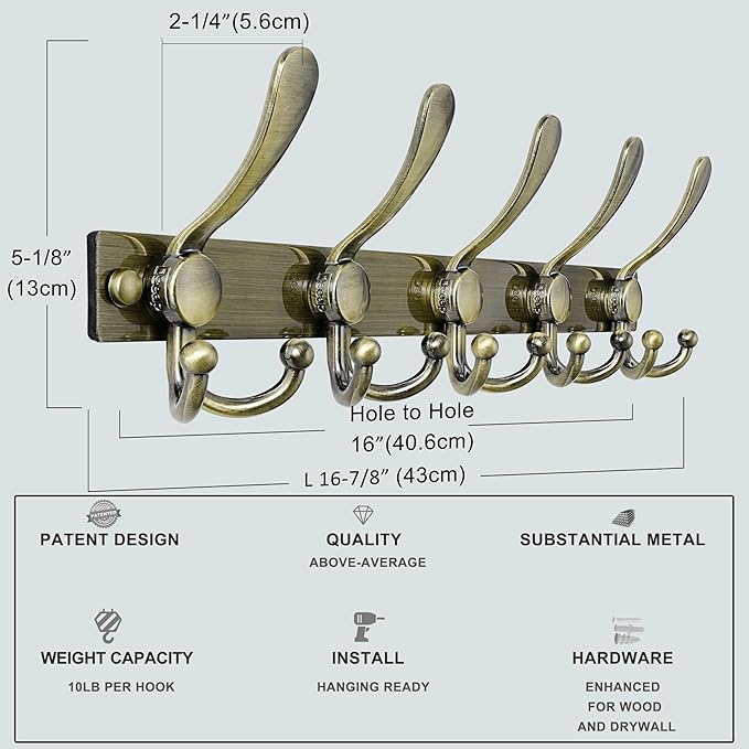 Dseap Coat Rack Wall Mount 2.0 Pro: Heavy Duty 300% Thicker, 16" Stud Mount, Stainless Steel Wall Coat Hooks Hanger for Clothes Jackets Hats Entryway Closet, MaxStrong, Antique Bronze, Pack of 2