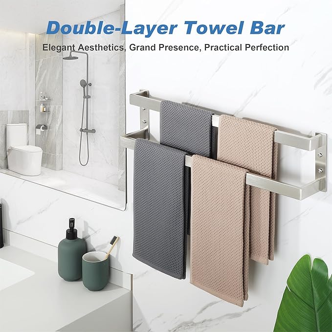 Alise Double Towel Bar 24", SUS304 Stainless Steel Towel Racks for Bathroom Wall Mounted, Heavy Duty Bathroom Towel Holder, Space Saving Towel Hanger, Brushed Nickel