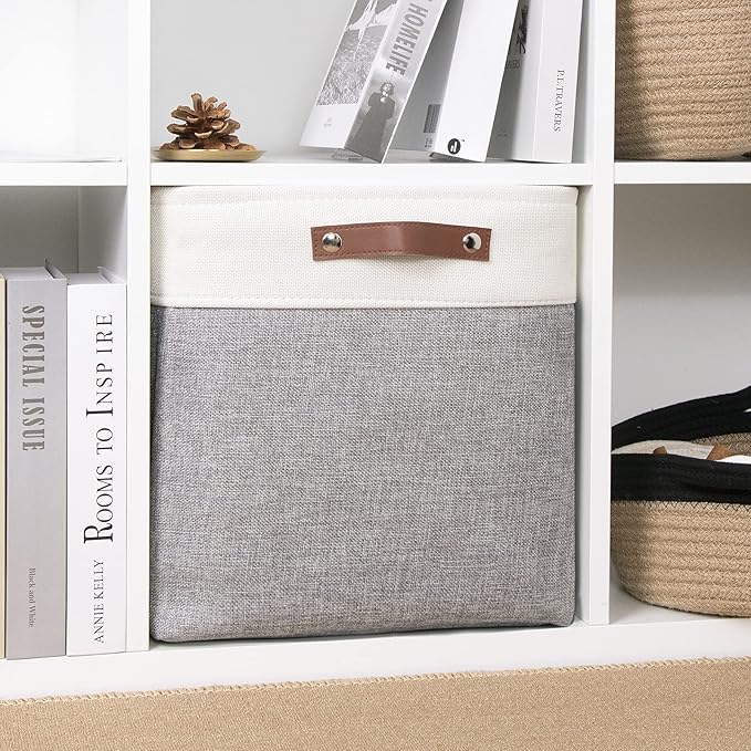 DULLEMELO Cube Basket for Storage, Collapsible Fabric Cube for Organizing, Storage Cube for Closet, Laundry, Nursery, Shelves, Decorative Basket for Gifts Empty (White&Gray)-NeatNest