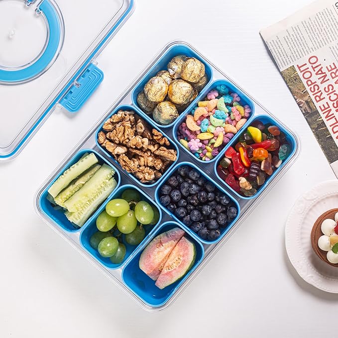 Divided Serving Tray with Lid and Handle - Snackle Box Charcuterie Container for Portable Snack Platters Organizer for Candy, Fruits, Nuts, Snacks - Perfect for Party, Entertaining, Cerulean-NeatNest