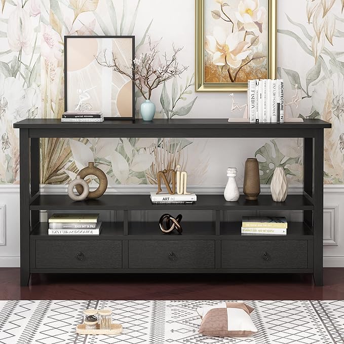 Karl home Console Table with 3 Bottom Drawers, 57.9" W Sofa Side Table Entryway Desk with 3 Storage Cubbies 1 Open Shelf, Vintage TV Stand for Hallway Living Room Office, Black 29.9" H-NeatNest