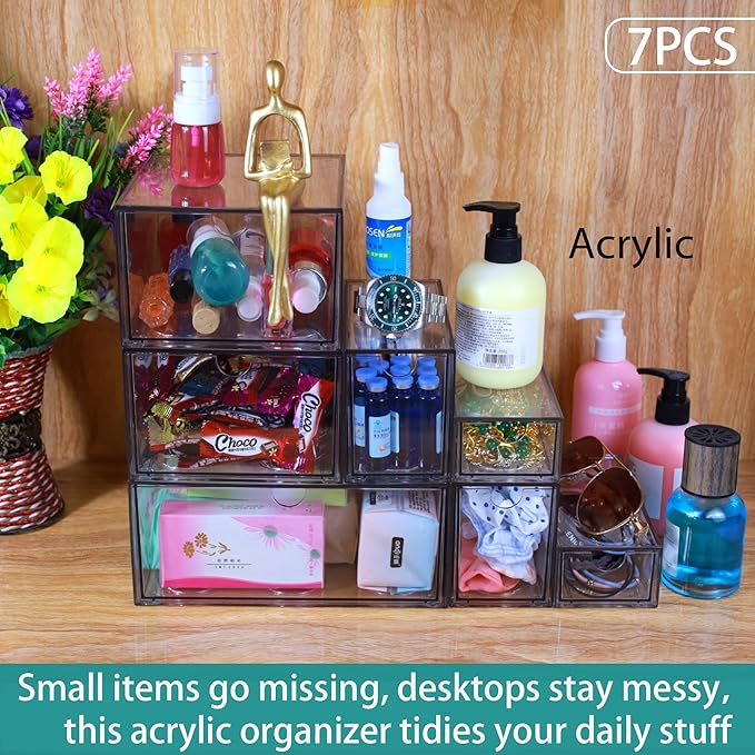 7 Pack Acrylic Makeup Organizer Clear Stackable Storage Drawers Tall Acrylic Bathroom Makeup Organizer for Cosmetic,Beauty Supplies,Ideal for Vanity, Undersink,Cabinet,Desk Home Organization-NeatNest