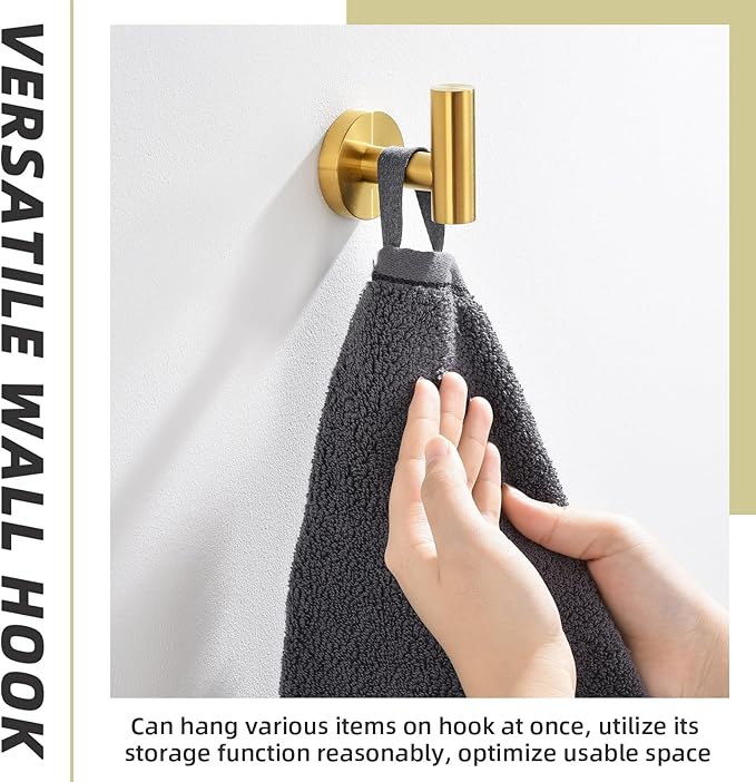APLusee Robe Towel Hook, SUS 304 Stainless Steel Modern Home Storage Coat Hanger, Brushed Gold Wall Hook for Bath Toilet Kitchen Garage