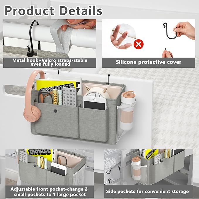 Bedside Caddy Bedside Organizer with Fixed Straps & Water Bottle Holder, Bunk Bed Caddy ideal for Home, Dorm, Hospital, Crib, Versatile Bedside Storage Solution (Grey 2pcs)-NeatNest