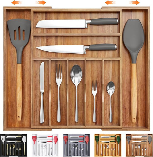 Bellsal Large Premium Acacia Wood Silverware Organizer - Expandable Utensil Drawer Organizer - 17"x19.6" Utensil Holder and Cutlery Tray with Grooved for Kitchen Flatware Utensils(7-9 Slot, Acacia)-NeatNest