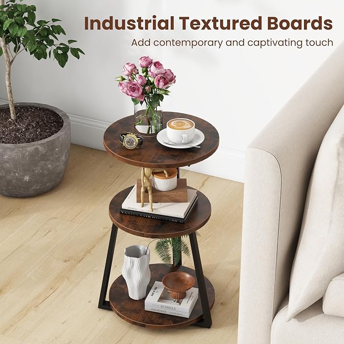 Giantex Round End Table, Industrial Side Table with Sturdy Metal Frame, Coffee Table, 3-Tier Bedside Table for Bedroom, Living Room, Couch, Accent Table for Small Spaces, Rustic Brown (1)