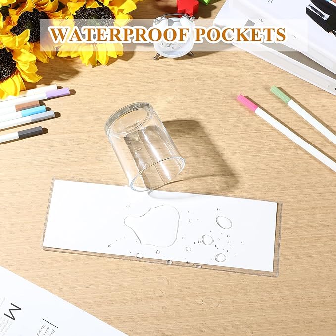 Jeyiour 100 Pcs Label Holders Adhesive Nameplate Pockets Storage Bin Labels Index Card Holder Shelf Plastic Peel Stick for Classroom Supermarket Bookshelf Library Student Box Drawer (3.5 x 10.9 Inch)
