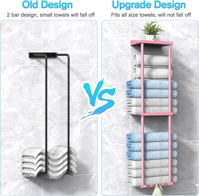 Towel Rack for Bathroom, Wall Mounted Vertical Rolled Towel Storage Organizer Holder with Shelf, Holds Up 6 Large Bath Sheets, Pink