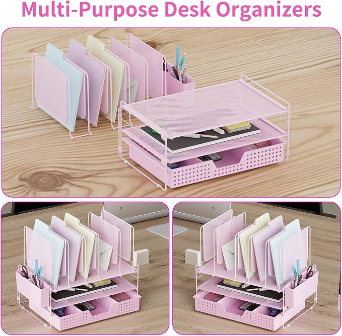 Desk Organizer, Office Organization with Vertical File Holder, File Organizer with Drawer and Pen Holder, Desk Accessories and Workspace Organizers for Home Office (Pink)-NeatNest