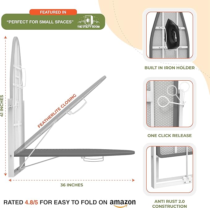Xabitat Wall Mounted Ironing Board with Iron Holder, 36.2" X 12.2" Compact Mount Fold Down Iron Board for Small Spaces, Space Saving with Cotton Fabric Cover, White and Grey