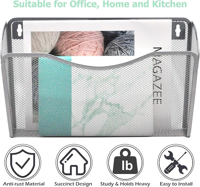 EASEPRES 6 Single Pocket Mesh Hanging File Organizer, Vertical Wall Mounted Magazine File Holder, Mount Basket Mail Paper Document Folder Organizing for Office, Home and School, Silver