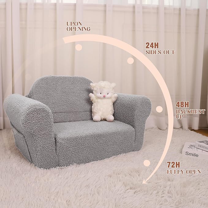 Chairs for Toddler, 2-in-1 Toddler Soft Teddy Couch Fold Out, Convertible Chair to Lounger for Girls and Boys|Safety Certified | Gift for Children (Sky Gray)-NeatNest