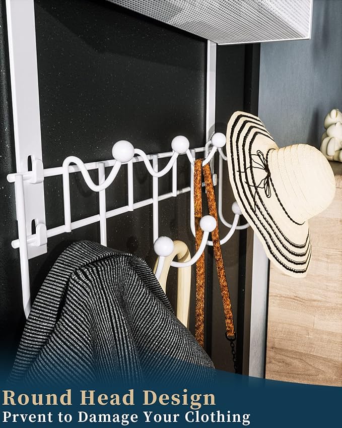 Consumest Over The Door Organizer Hooks, Door Hanger with 9 Coat Hooks & 2 Mesh Basket, Rustproof Back Storage Organizer for Bathroom, Kitchen, Bedroom-White (for 1.76in Doors)