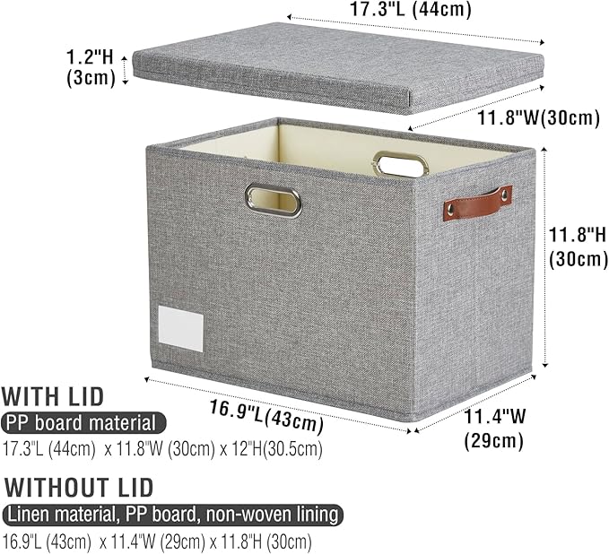 17" Large Collapsible Storage Bins with Lids, Stackable Closet Organizers with PU Handle and Labels, 3-Pack Decorative Fabric Storage Boxes for Home, Bedroom, Closet, Office, Nursery(Gray)-NeatNest