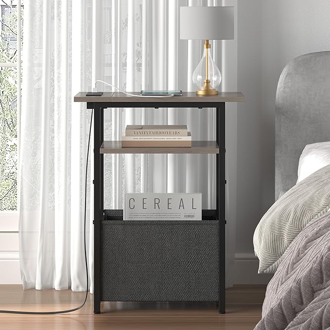 Narrow Side Table with Charging Station Set of 2, Small End Table for Small Spaces, Skinny Nightstands Set 2 with Storage Basket, 3 Tier Sofa Bedside Tables for Living Room,Bedroom, Grey